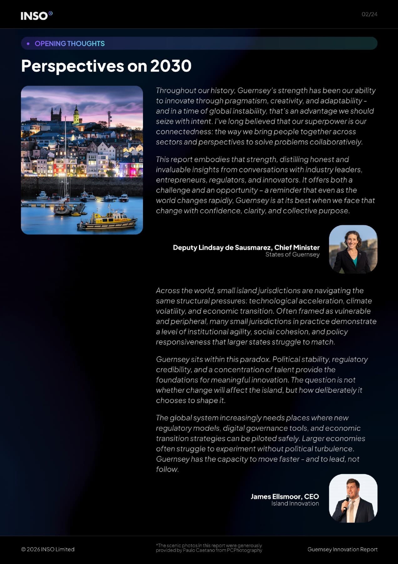 Page 2 of the Guernsey Innovation Report: Perspectives on 2030, featuring Deputy Lindsay de Sausmarez and James Ellsmoor