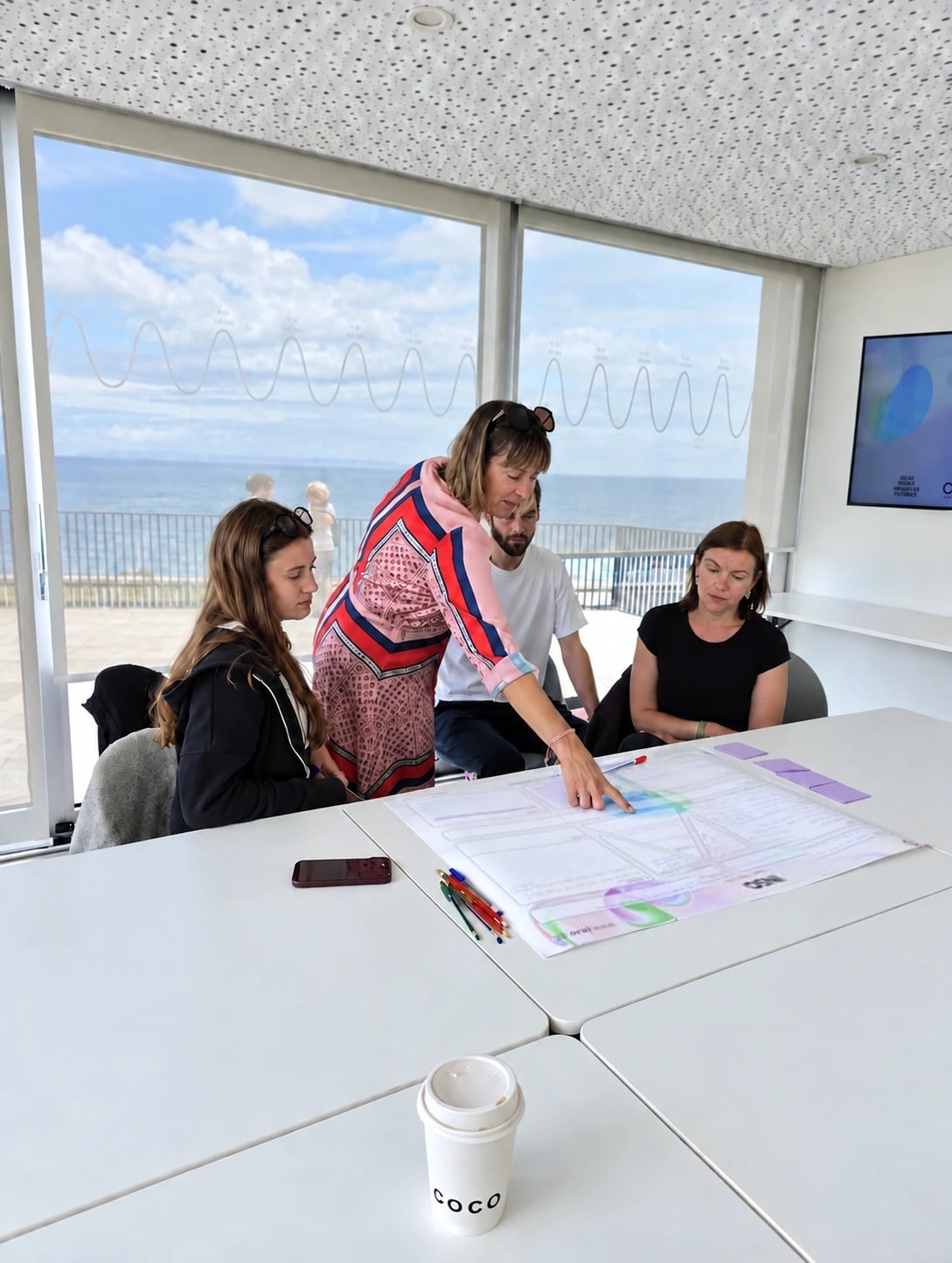 Participants working together over a workshop canvas during an INSO session with Sure.